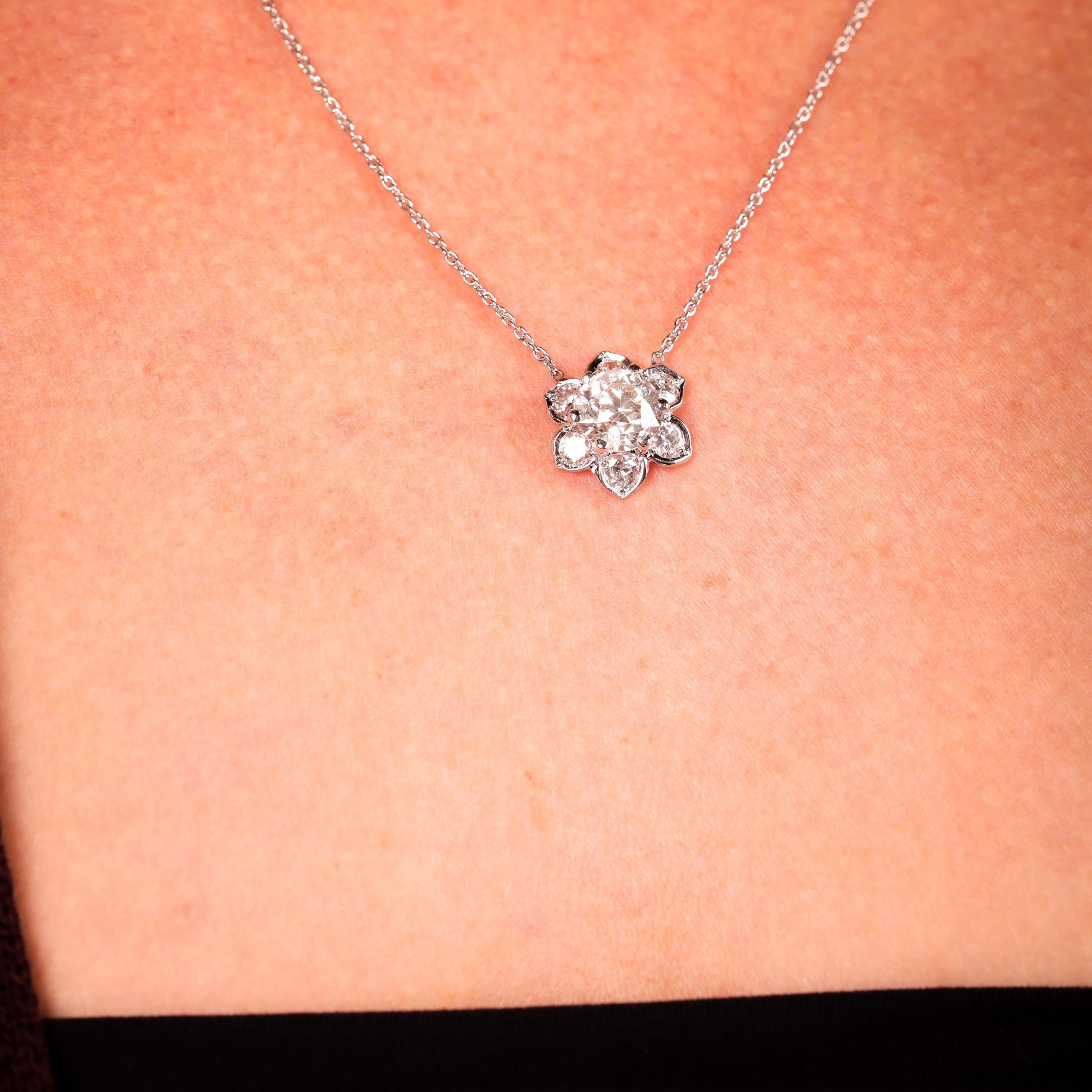 Old European Cut Antique Style 1.40 Carat Diamond Platinum Flower Necklace