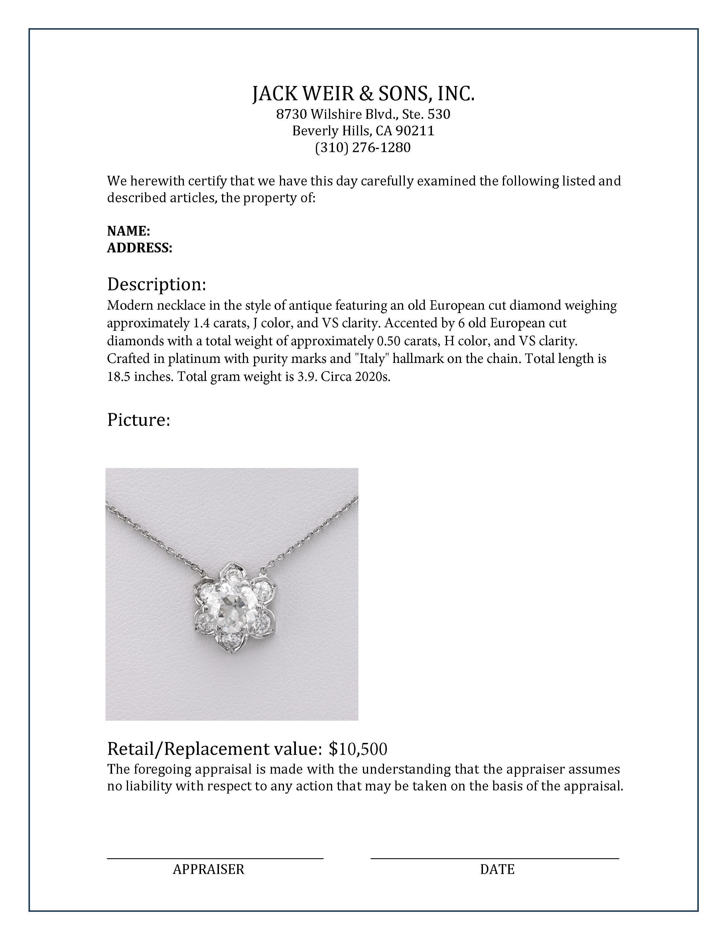 Antique Style 1.40 Carat Diamond Platinum Flower Necklace In Excellent Condition In Beverly Hills, CA