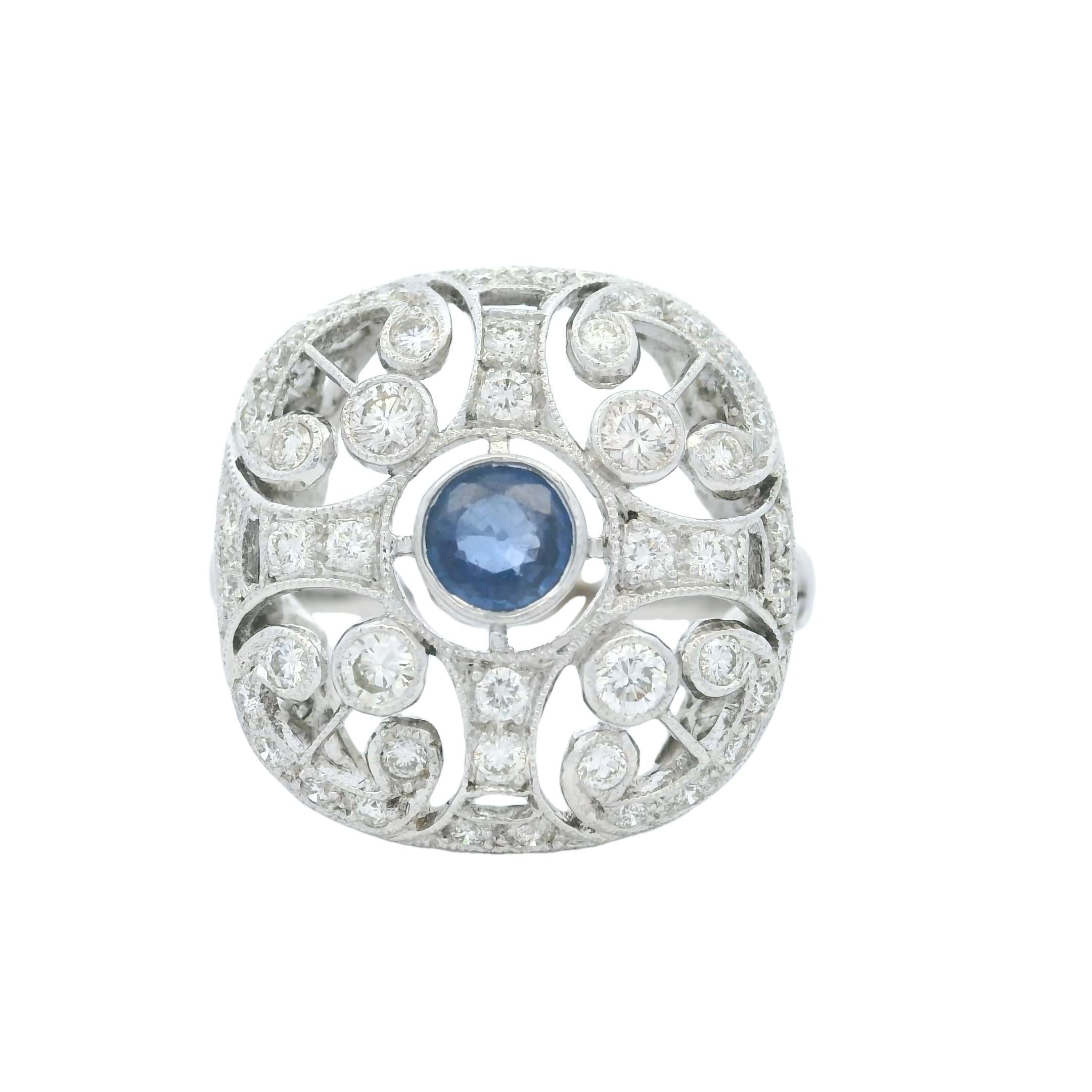 Edwardian Antique-Style 14K White Gold Sapphire & Diamond Filigree Ring For Sale
