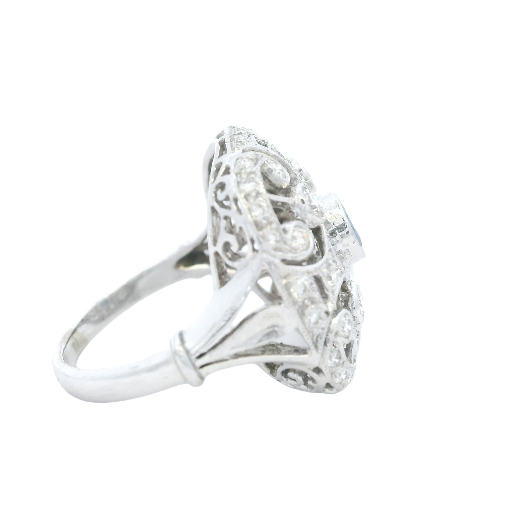Round Cut Antique-Style 14K White Gold Sapphire & Diamond Filigree Ring For Sale