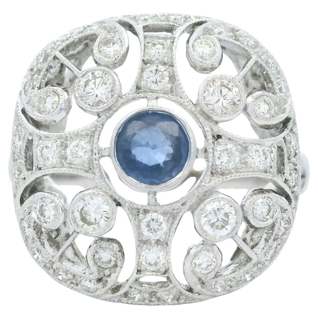 Antique-Style 14K White Gold Sapphire & Diamond Filigree Ring For Sale
