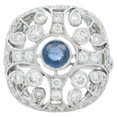 Antique-Style 14K White Gold Sapphire & Diamond Filigree Ring