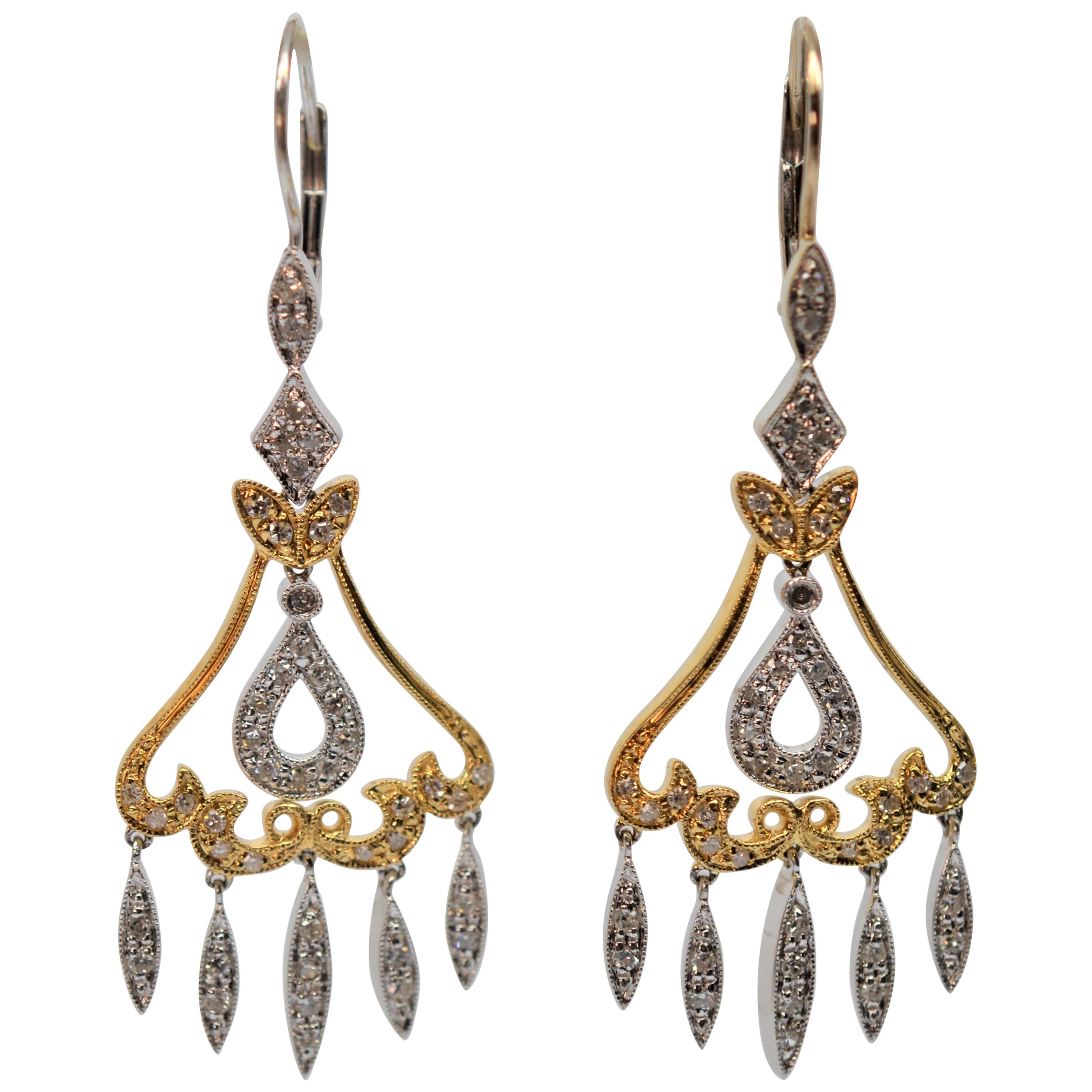 14 Karat White and Yellow Gold Diamond Chandelier Earrings For Sale at