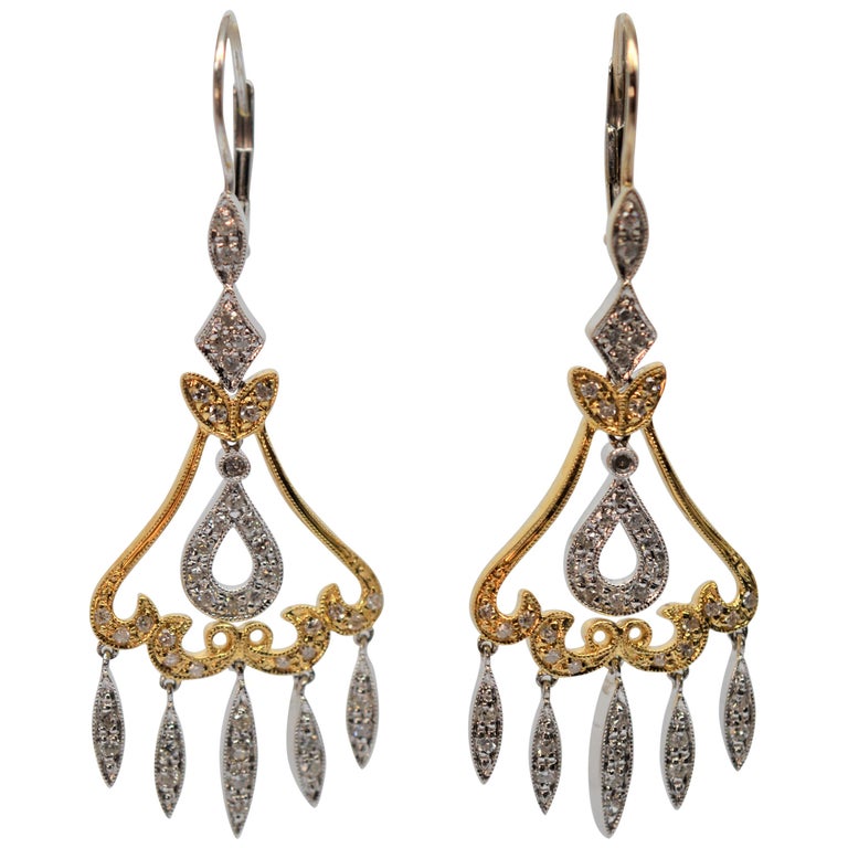 Antique Style 14 Karat White and Yellow Gold Diamond Chandelier Earrings  For Sale at 1stDibs