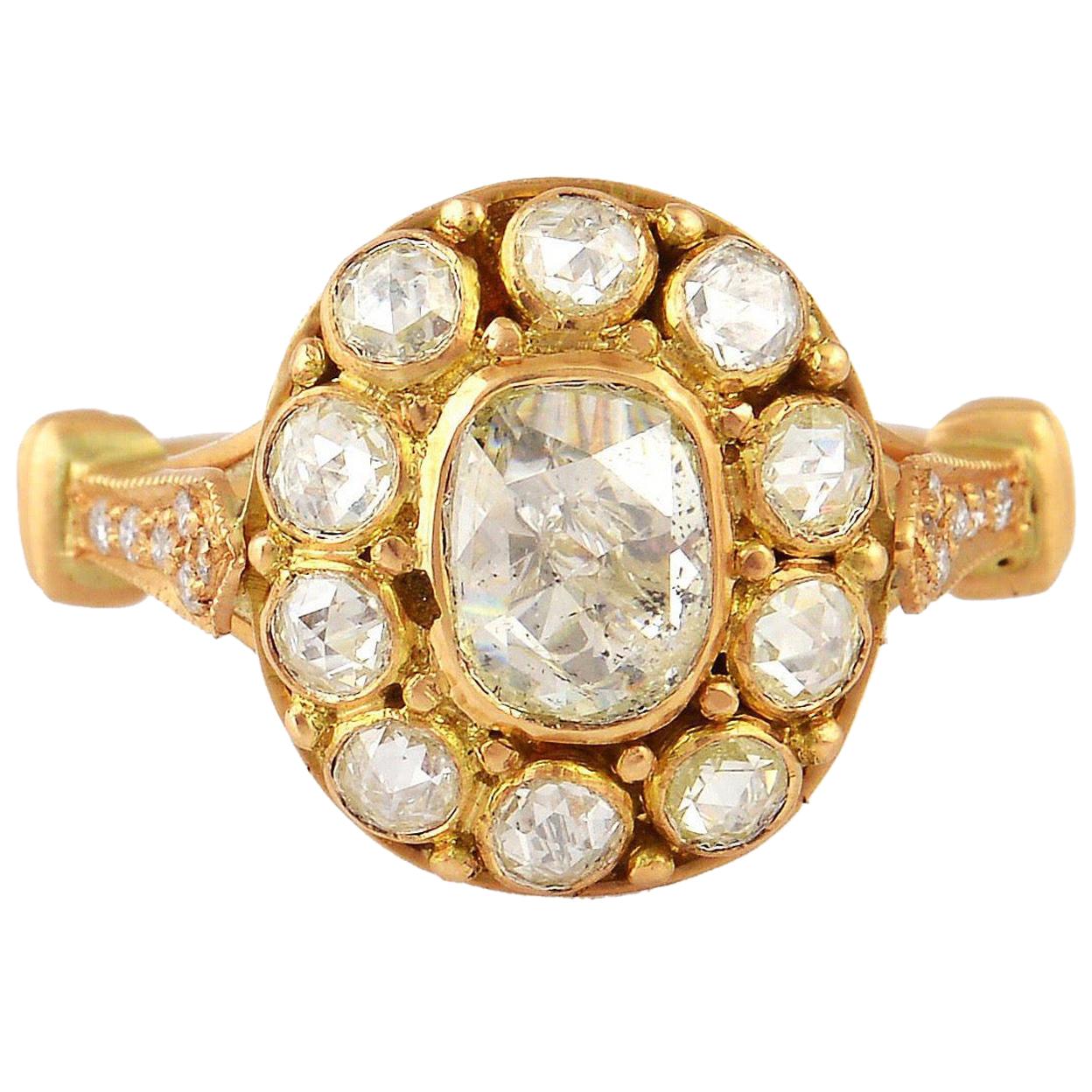 Antique Style 1.56 Carat Rose cut Diamond 18 Karat Gold Ring For Sale