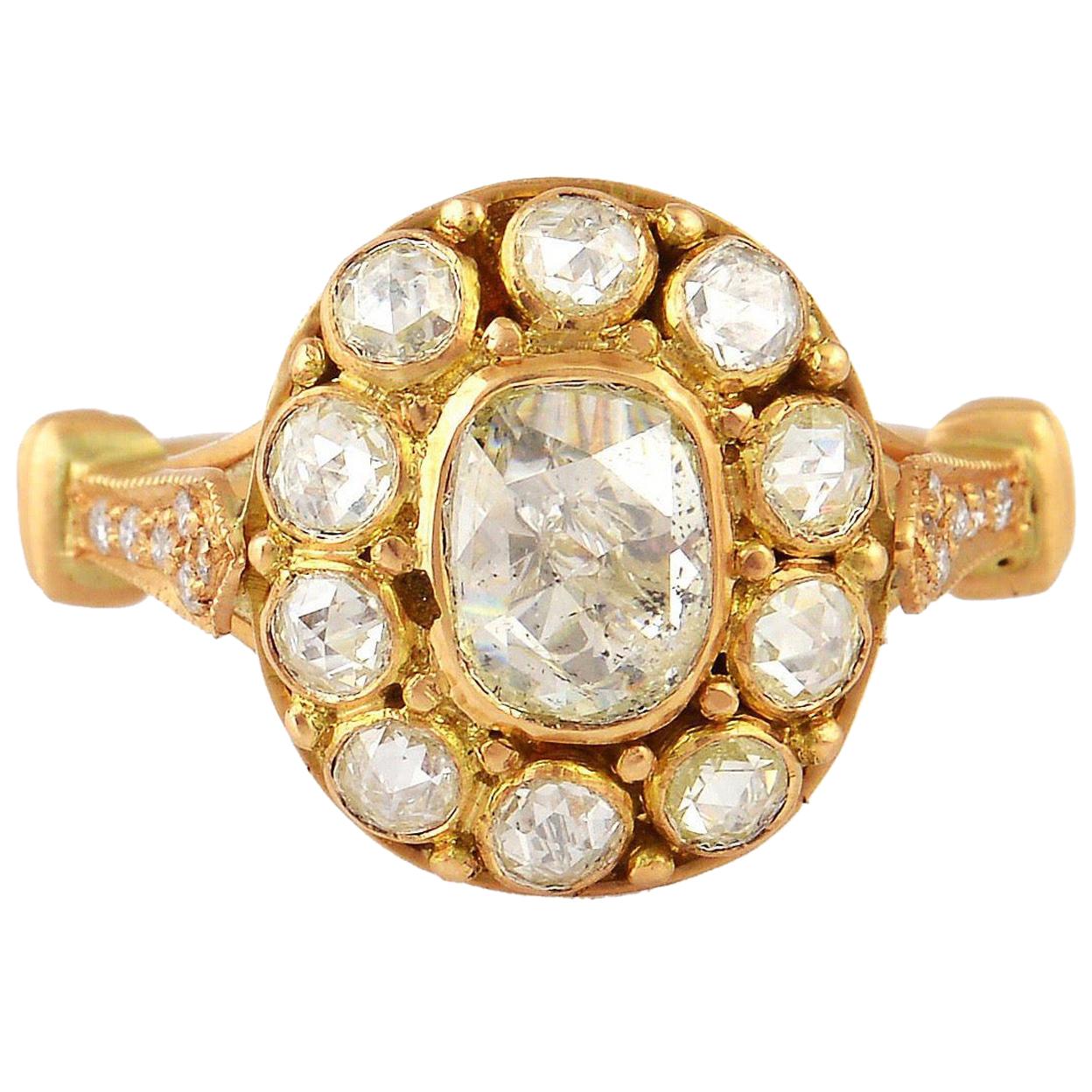 Bague de style ancien en or 18 carats avec diamants taille rose de 1,56 carat