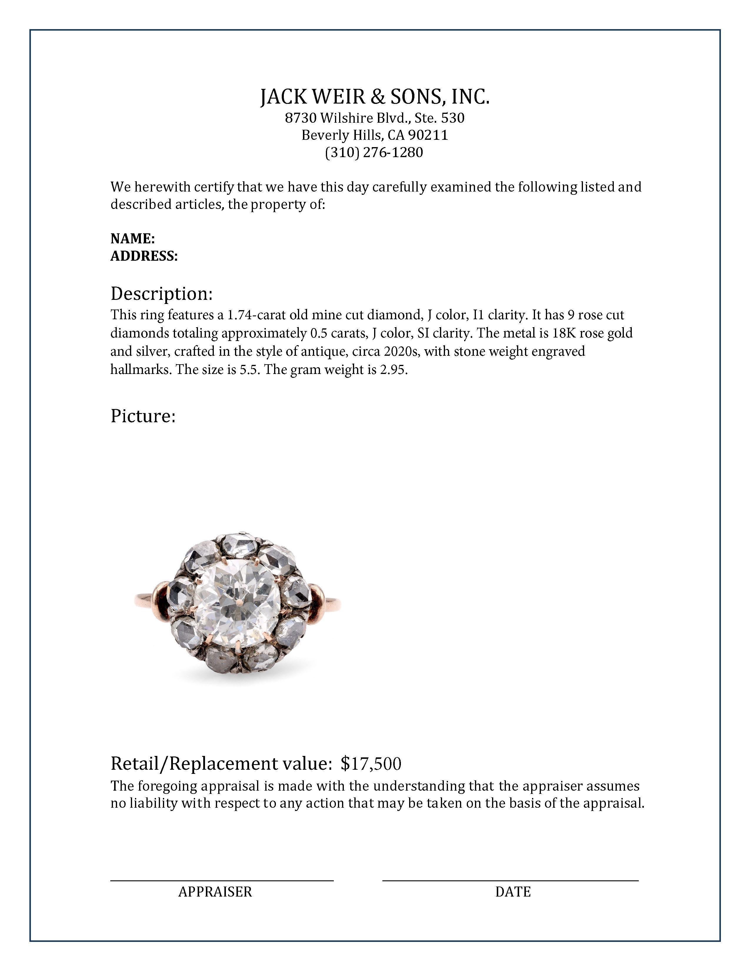 Anello a grappolo in stile antico con diamante Old Mine da 1,74 carati in oro rosa 18K e argento In condizioni ottime in vendita a Beverly Hills, CA