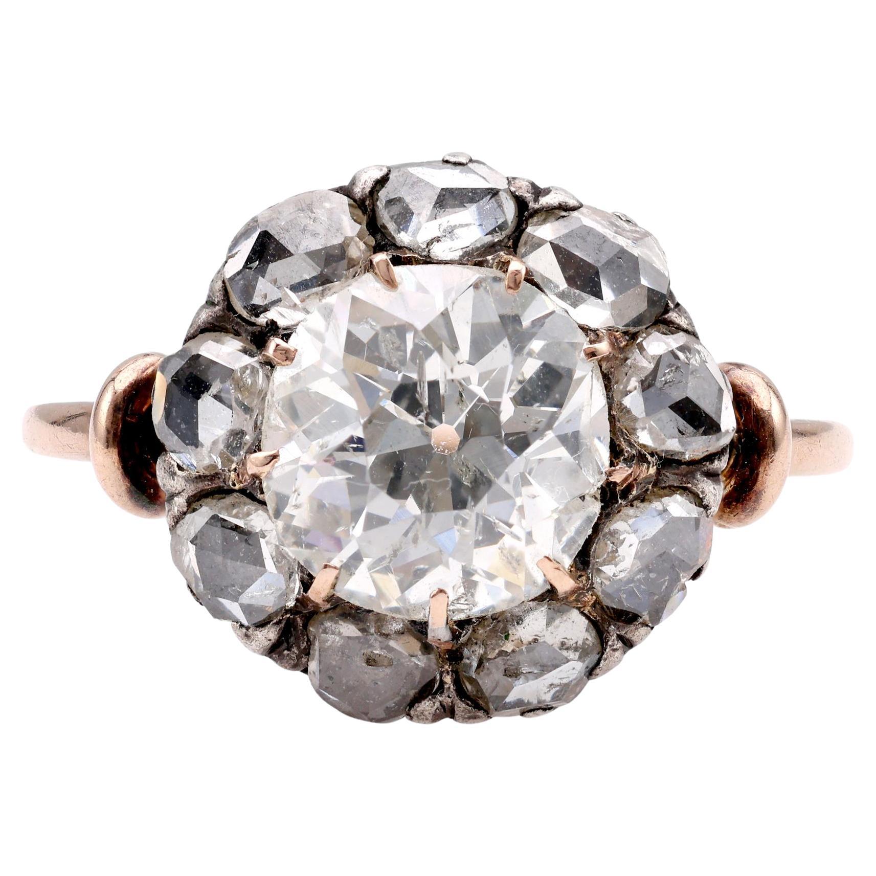 Antique Style 1.74 Carat Old Mine Diamond 18K Rose Gold Silver Cluster Ring