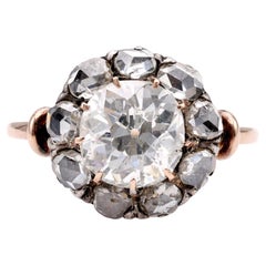 Bague grappe de style ancien en or rose 18 carats avec diamants taille vieille mine de 1,74 carat