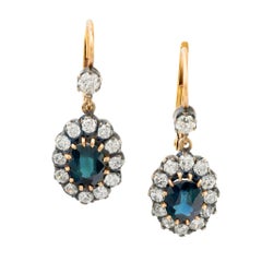 Antike Stil 1,95 Karat Saphir Diamant 18k Gold Silber Cluster-Ohrringe
