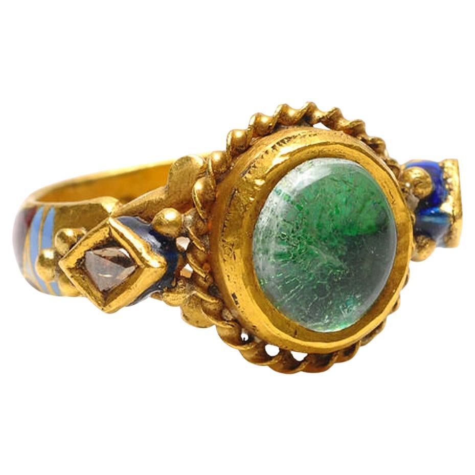 Anillo Esmeralda De Oro Amarillo De 22k Estilo Antiguo Con Diamantes