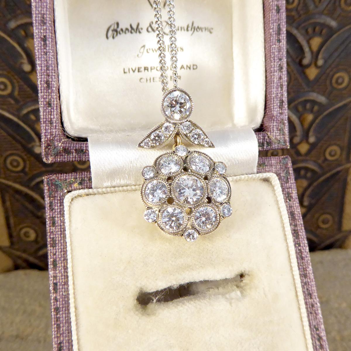 Antique Style 2.50ct Diamond Cluster Drop Pendant Necklace in Gold and Silver For Sale 1
