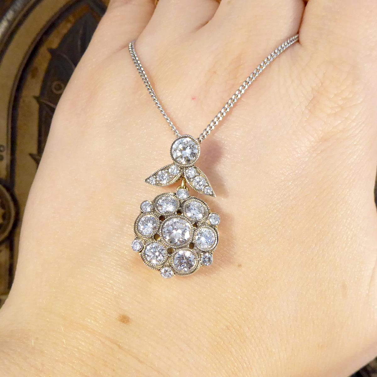 Antique Style 2.50ct Diamond Cluster Drop Pendant Necklace in Gold and Silver For Sale 2