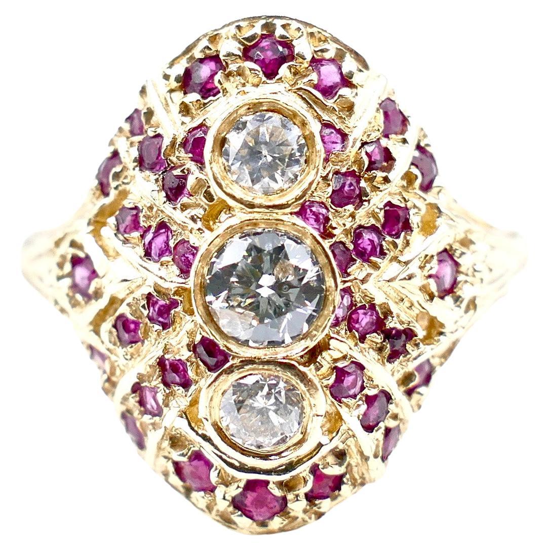 Antique Style 3 Diamond and Rubies 14K Yellow Gold Ring For Sale
