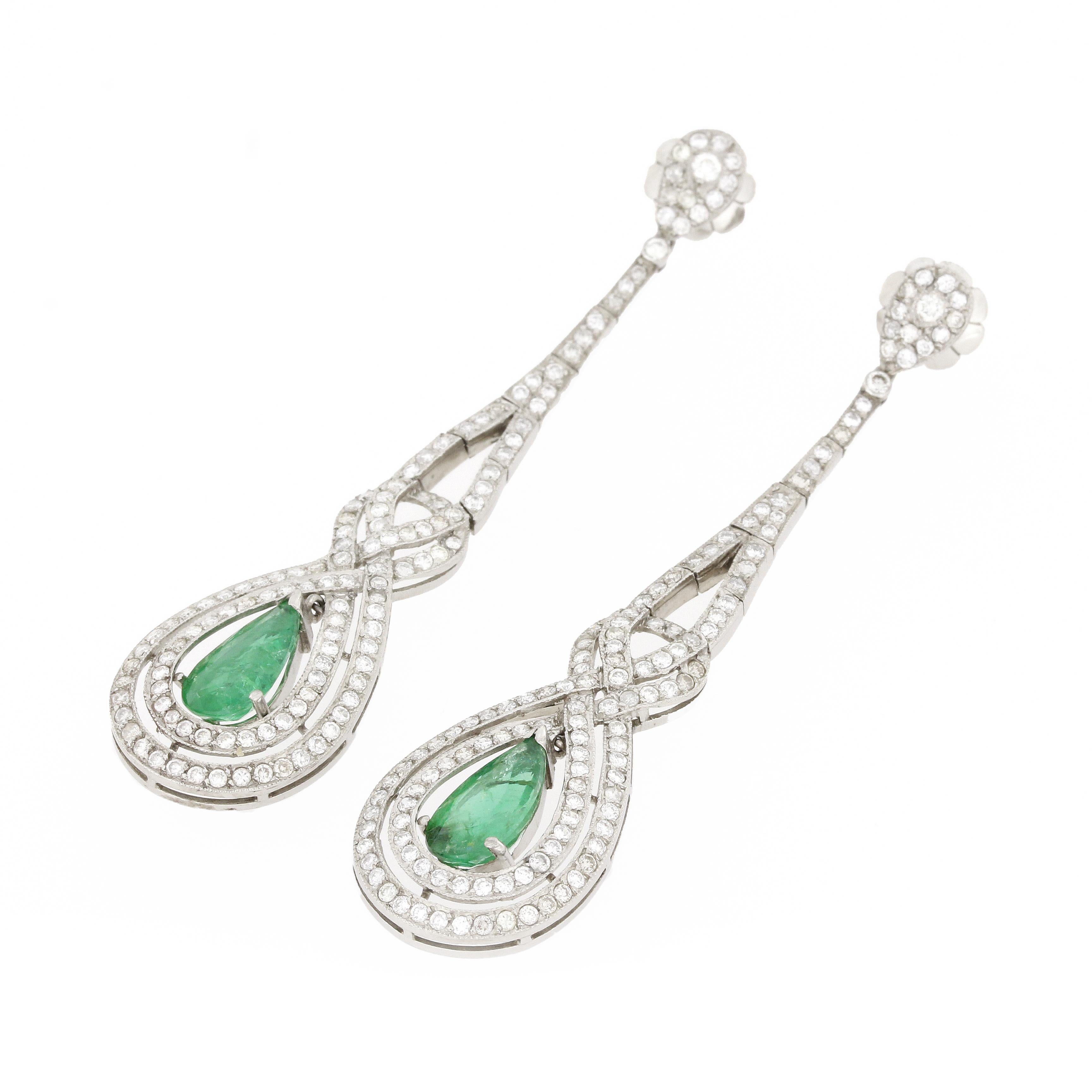 Art Deco Antique Style 3.0 Carat Pear Cut Emerald Diamond Drop Earrings For Sale
