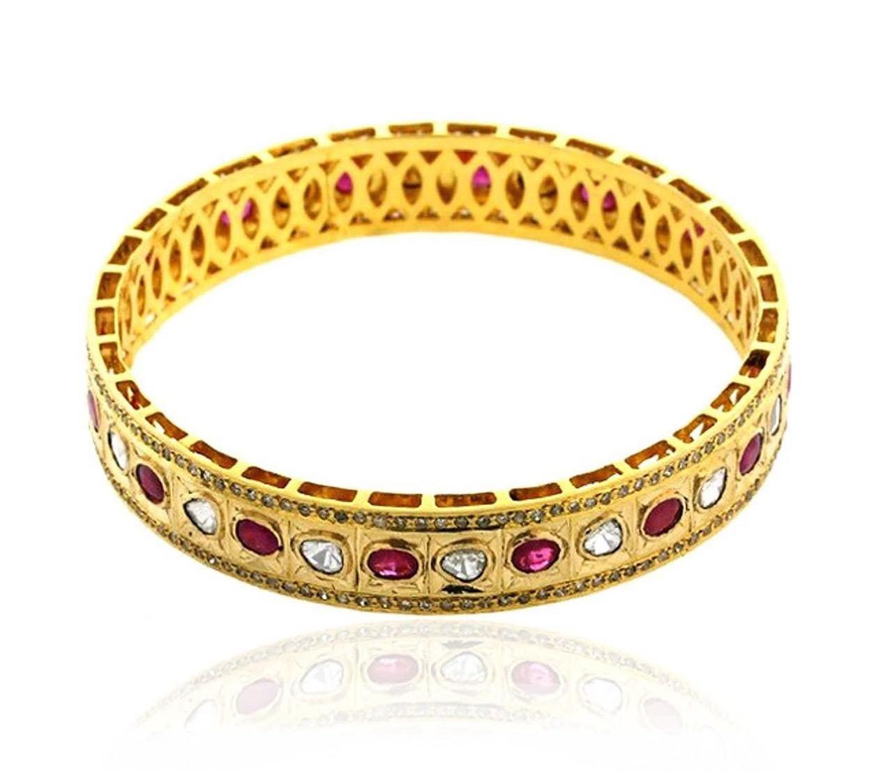 Artisan Antique Style 3.02 Carat Rose Cut Diamond Ruby 14 Karat Gold Bangle Bracelet