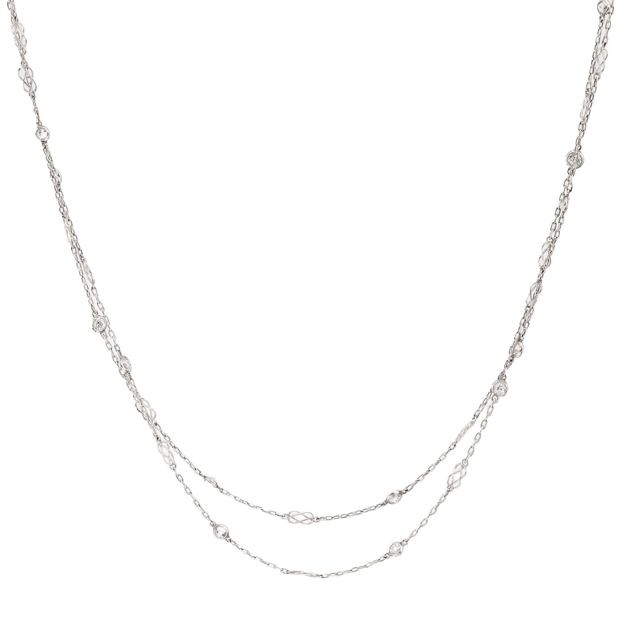 Modern Antique style 3.38 carat total weight diamond by the yard platinum necklace For Sale