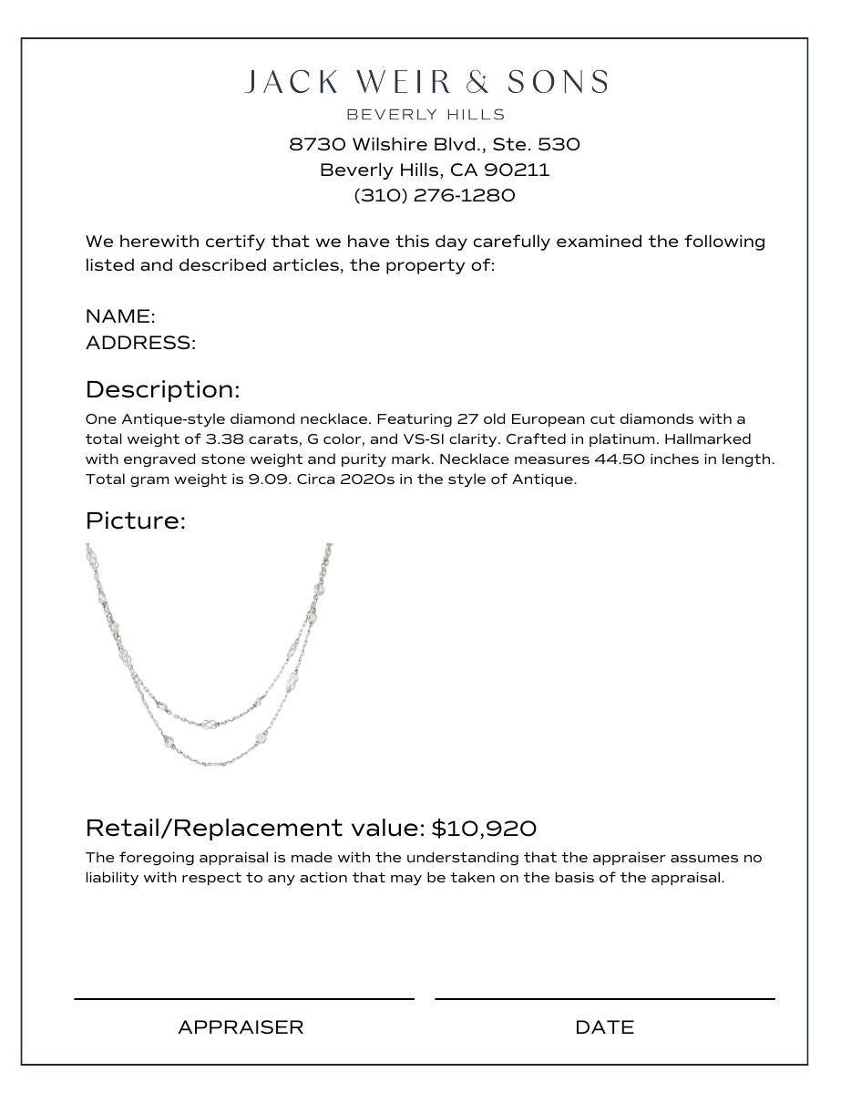 Antique style 3.38 carat total weight diamond by the yard platinum necklace In Excellent Condition For Sale In Beverly Hills, CA