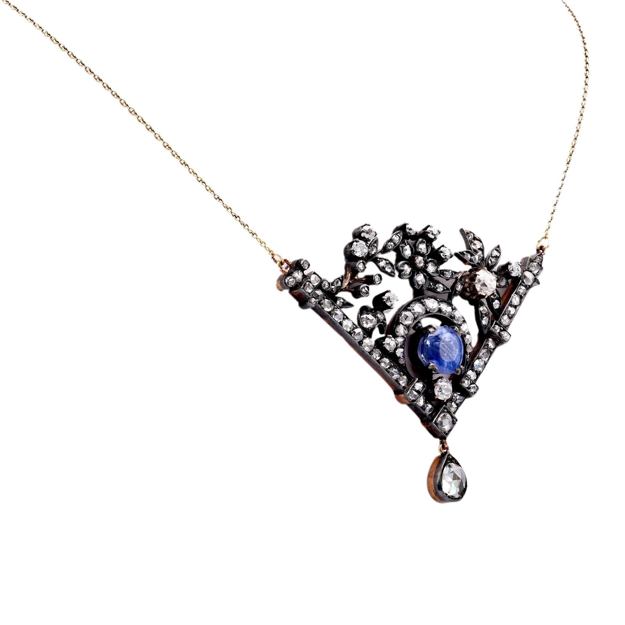 Taille cabochon Antique Style  4 Carat Sapphire Diamond 18K Yellow Gold Silver Necklace en vente