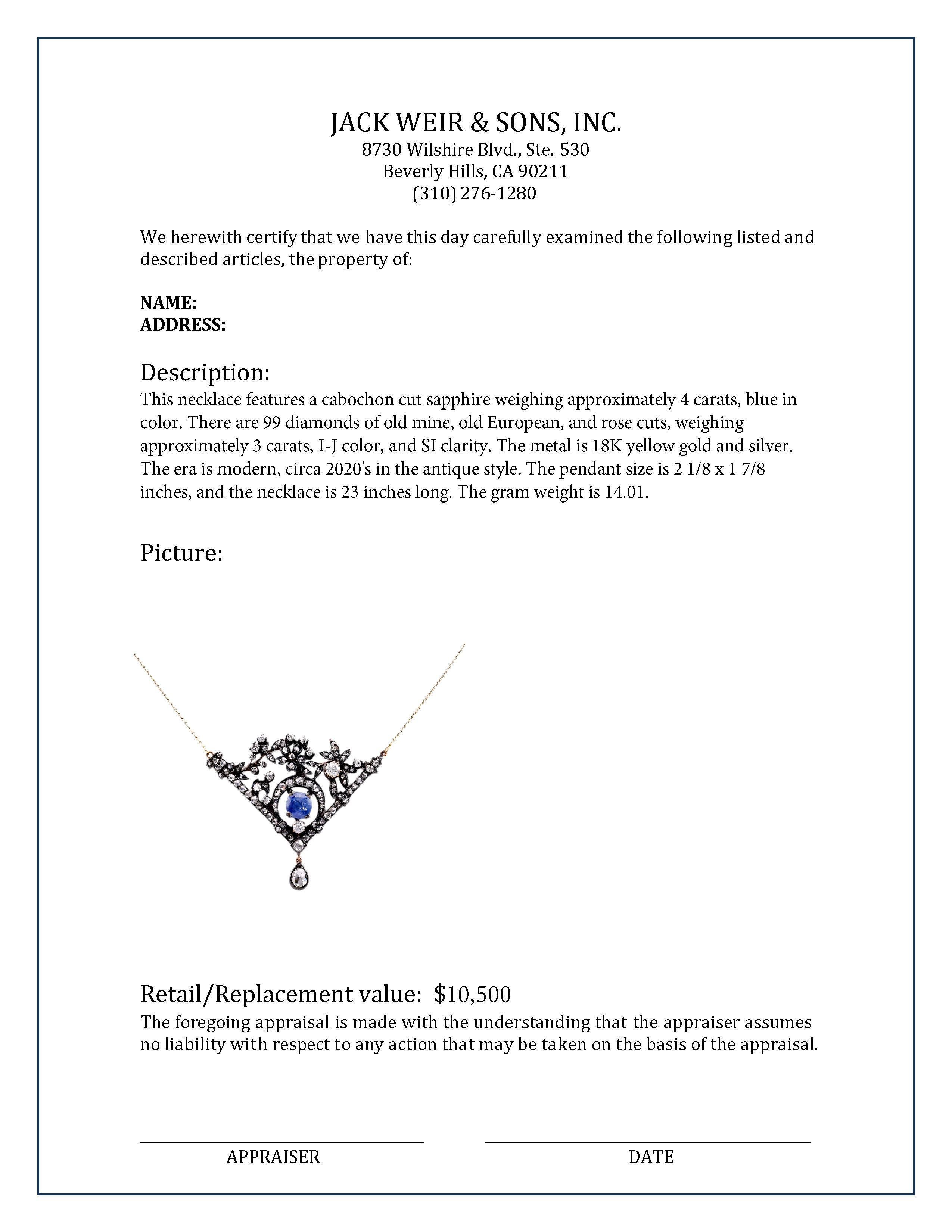 Antique Style  4 Carat Sapphire Diamond 18K Yellow Gold Silver Necklace Excellent état - En vente à Beverly Hills, CA