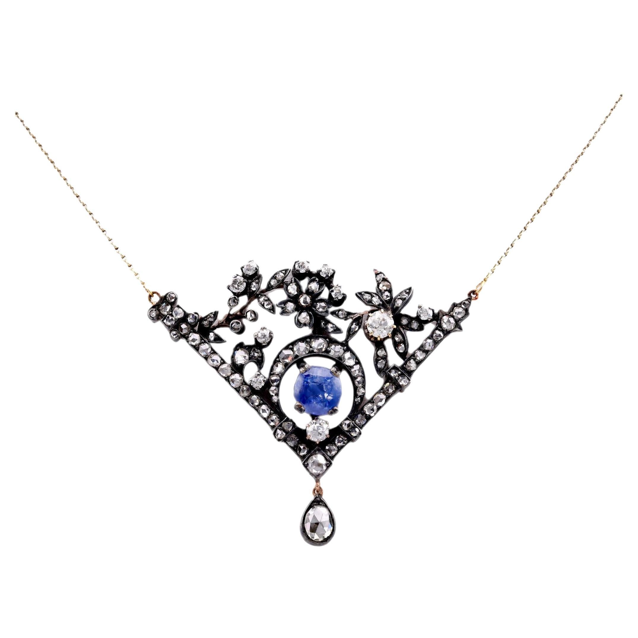 Antique Style  4 Carat Sapphire Diamond 18K Yellow Gold Silver Necklace en vente