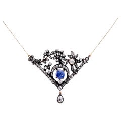 Stile antico  Collana d'argento con zaffiro e diamante da 4 carati in oro giallo 18K