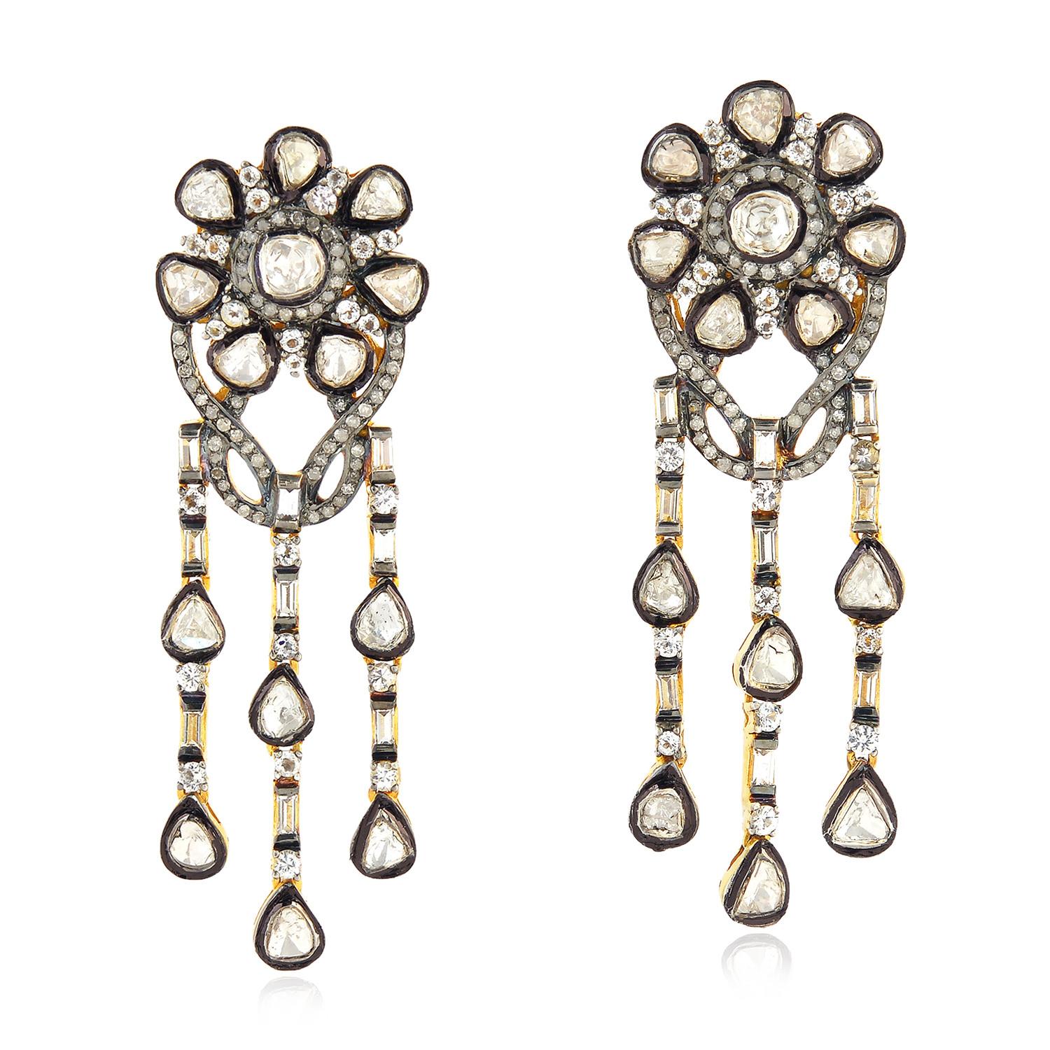 Antique Style 4.5 Carat Rose Cut Diamond Earrings In New Condition For Sale In Hoffman Estate, IL