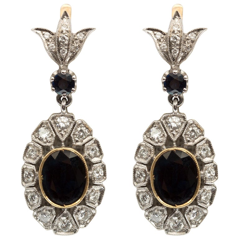 Antique Style 5. Sapphire and Diamond Drop Earrings at 1stDibs