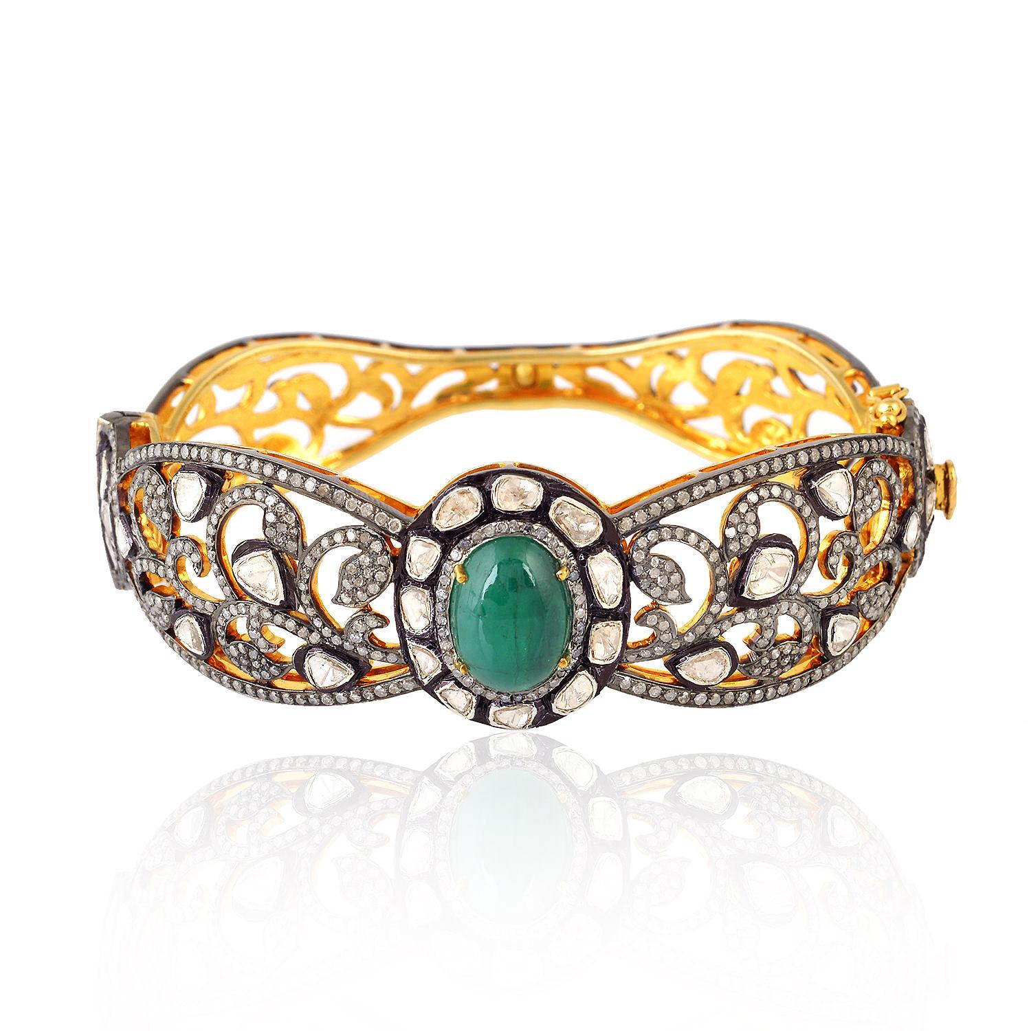 Antique Style 5.09 Carat Emerald Rose Cut Diamond Bangle Bracelet In New Condition For Sale In Hoffman Estate, IL