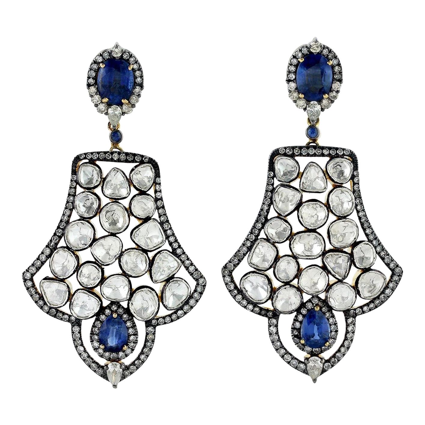 Antique Style 5.68 Carat Kyanite Rose Cut Diamond Earrings For Sale