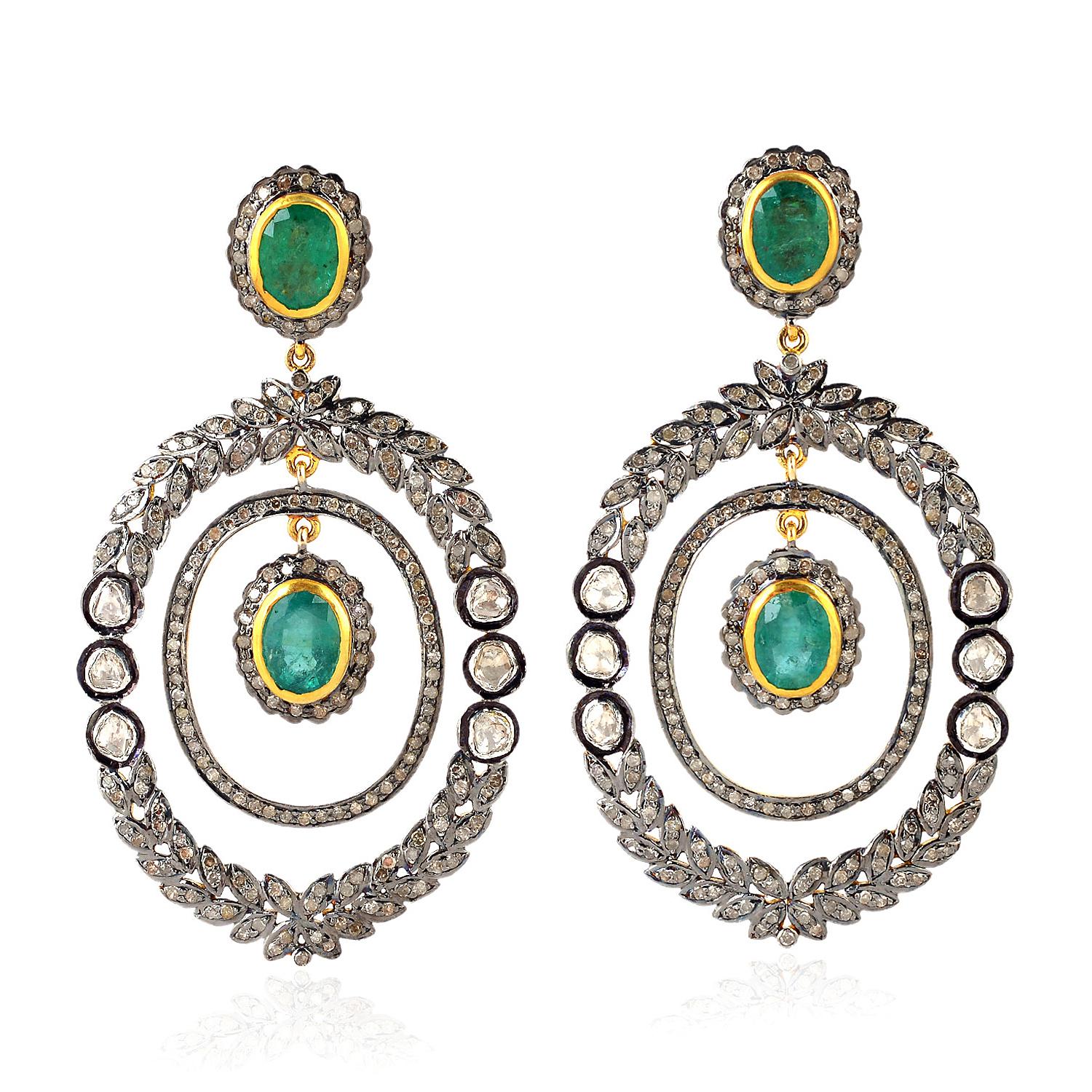 Antique Style 6.11 Carat Emerald Rose Cut Diamond Earrings In New Condition For Sale In Hoffman Estate, IL