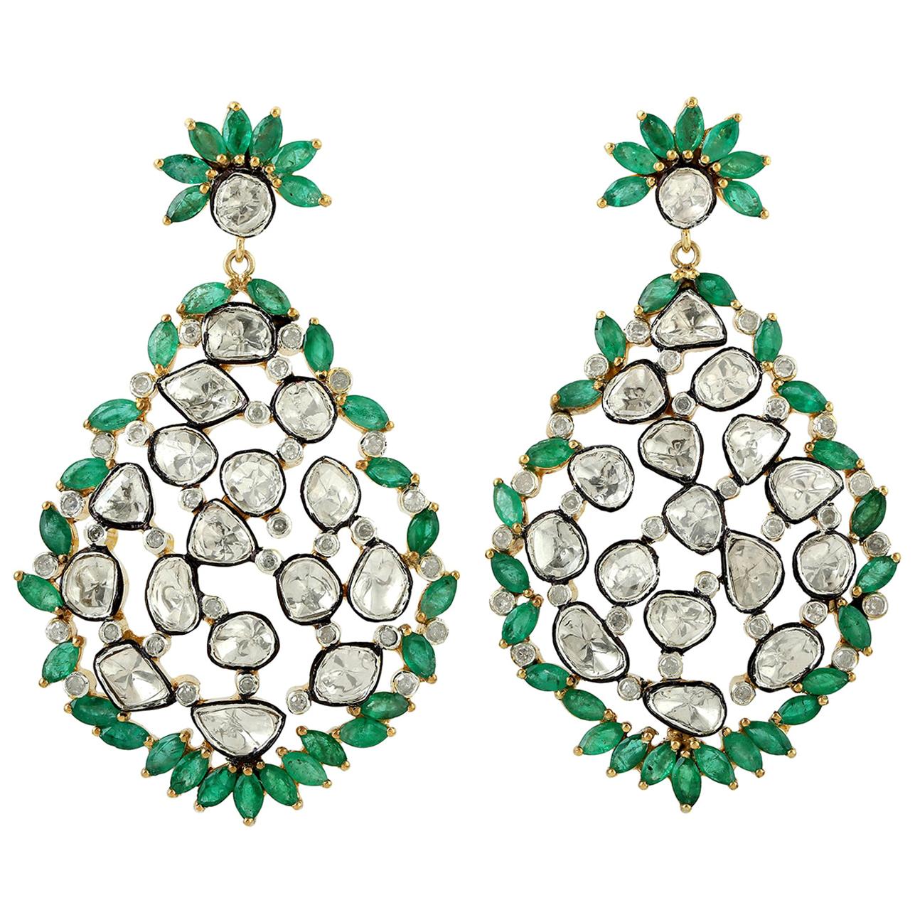 Antique Style 8.17 Carat Emerald Rose Cut Diamond Mughal Earrings For Sale