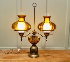 Antique Style Amber Oil Lamp, Twin Brass Table Lamp