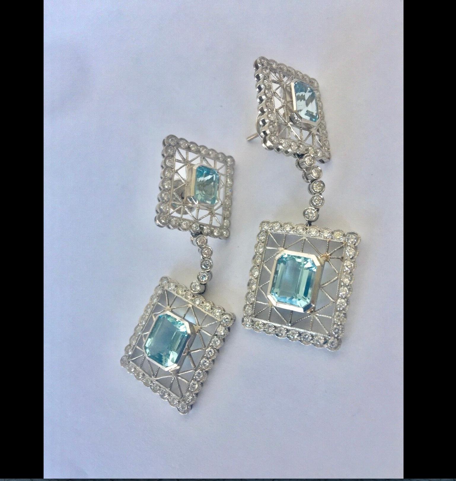 Women's Art Deco Style Aquamarine Diamonds Dangle Earrings 18 Karat For Sale