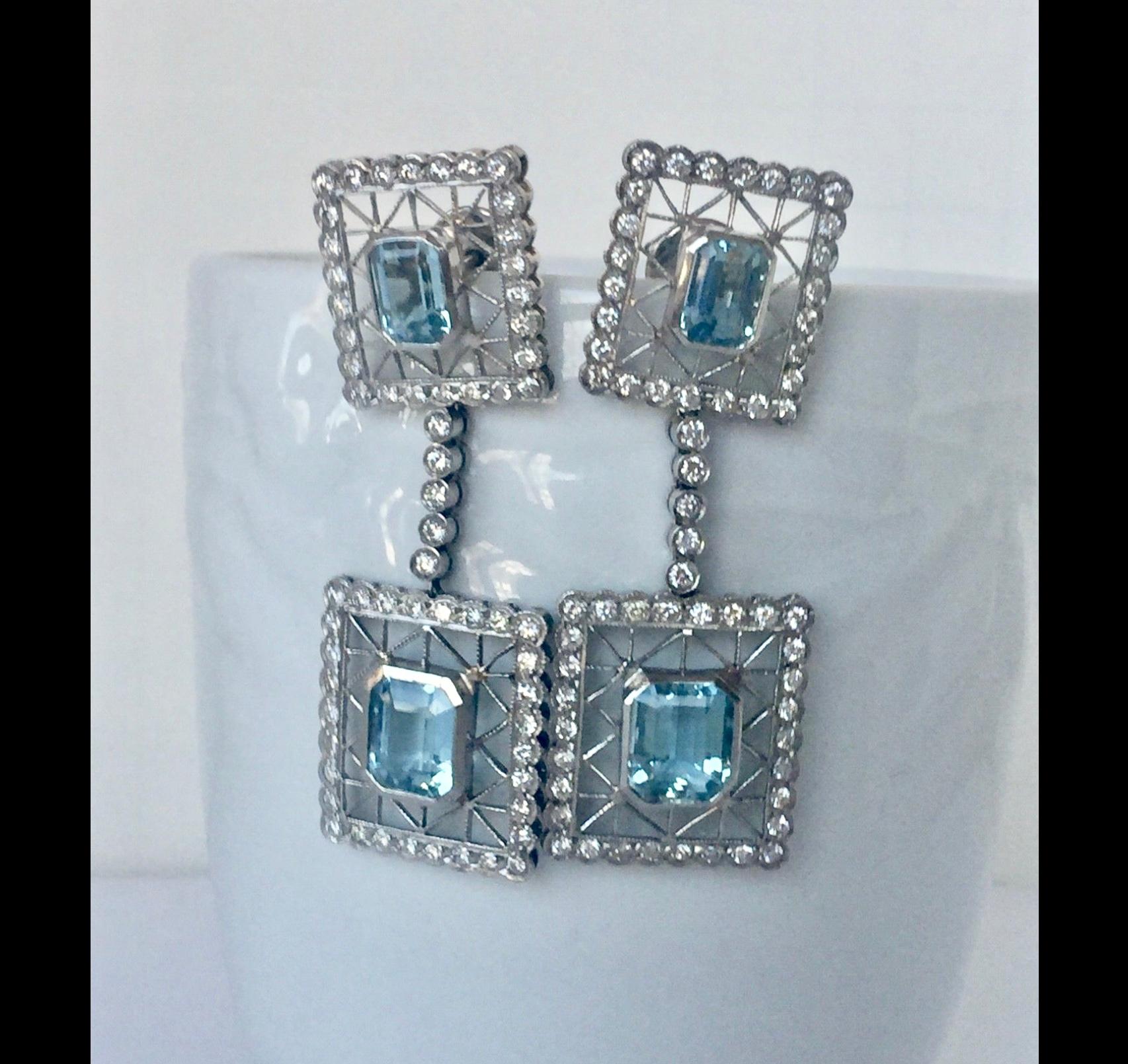 Art Deco Style Aquamarine Diamonds Dangle Earrings 18 Karat For Sale 2
