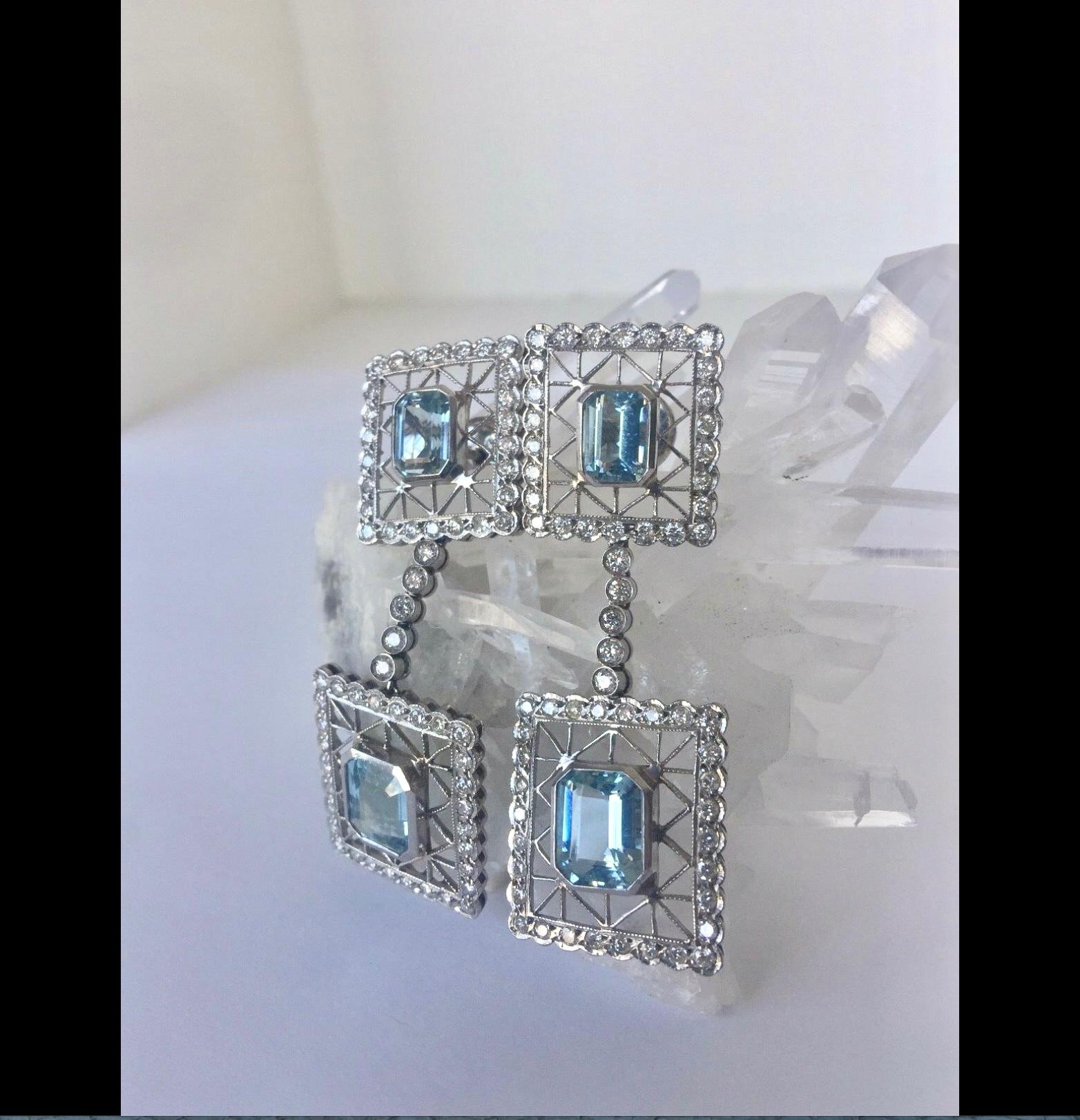 Art Deco Style Aquamarine Diamonds Dangle Earrings 18 Karat For Sale 3