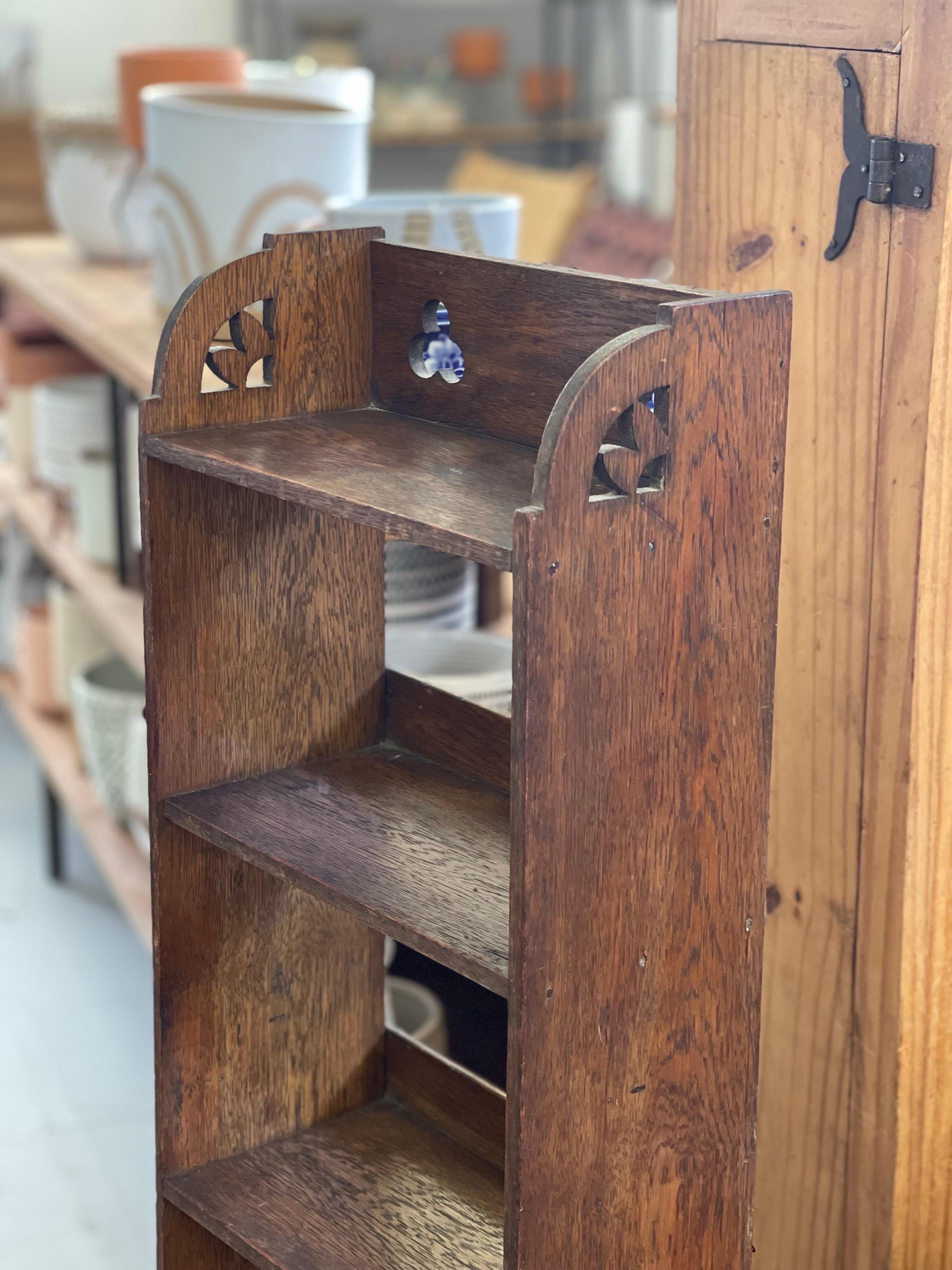 Antique Style Arts and Crafts Open Front Bookcase with Pegged Legs, UK