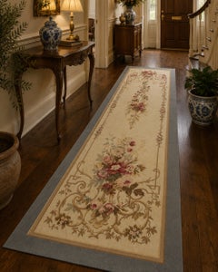 Antique-Style Aubusson Needlepoint Runner Handwoven Wool Floral Carpet Rug