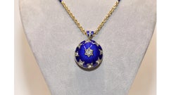 Antique Style Blue Enamel Diamond Necklace 14 Karat Yellow Gold