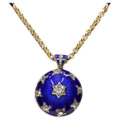 Antique Style Blue Enamel Diamond Necklace 14 Karat Yellow Gold