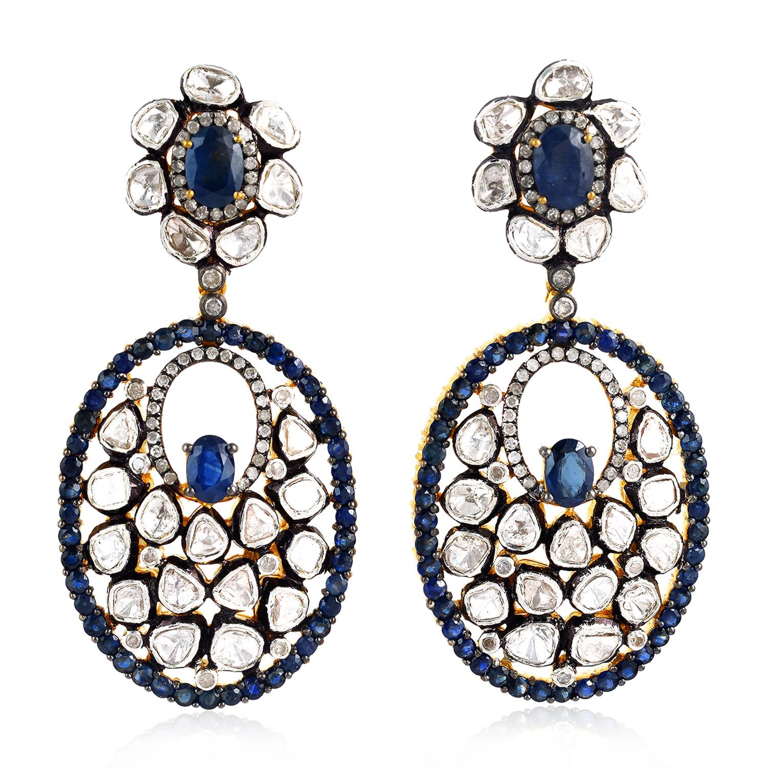 Artisan Boucles d'oreilles de style ancien en saphirs bleus et diamants taille rose en vente