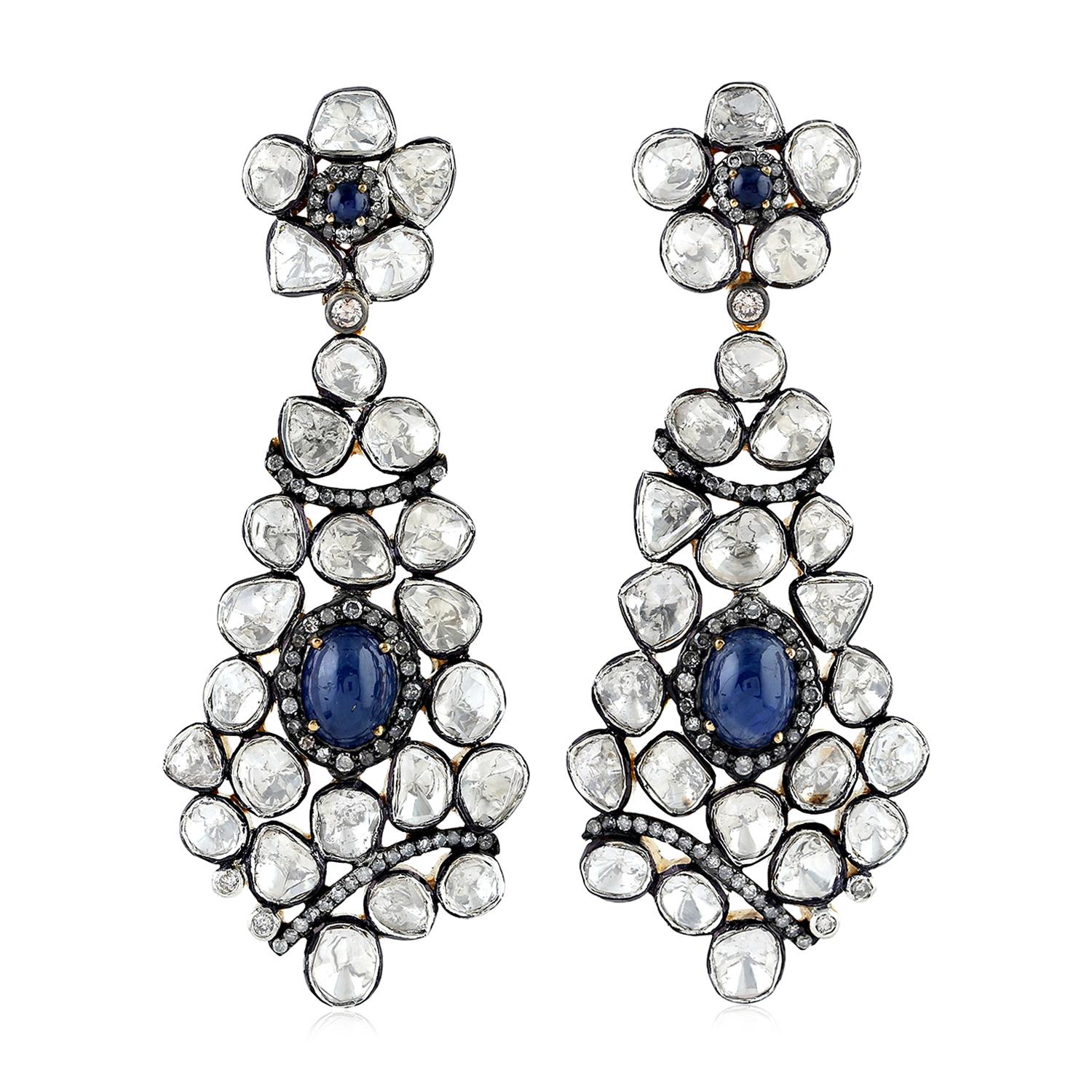 Rose Cut 4.6 carats Blue Sapphire Diamond Antique Style Earrings For Sale