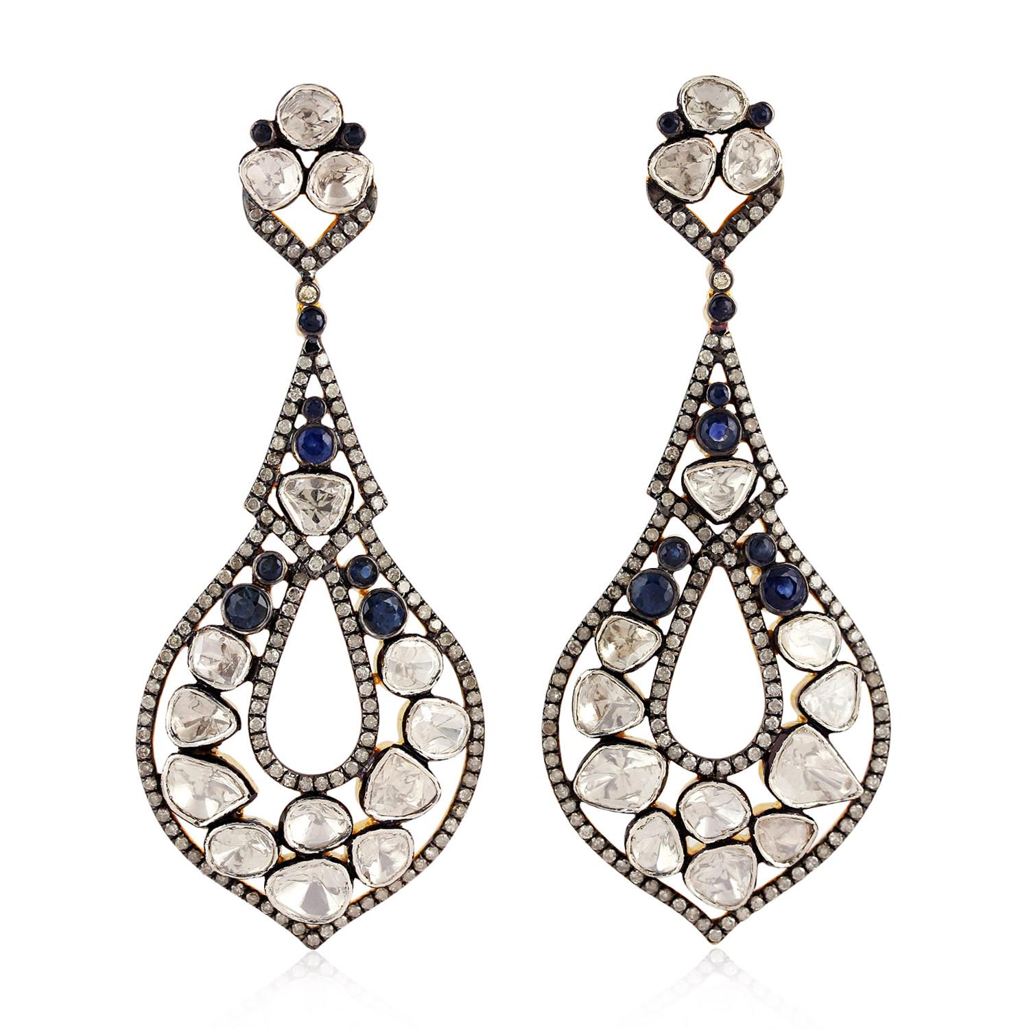 Artisan Antique Style Blue Sapphire Rose Cut Diamond Earrings For Sale