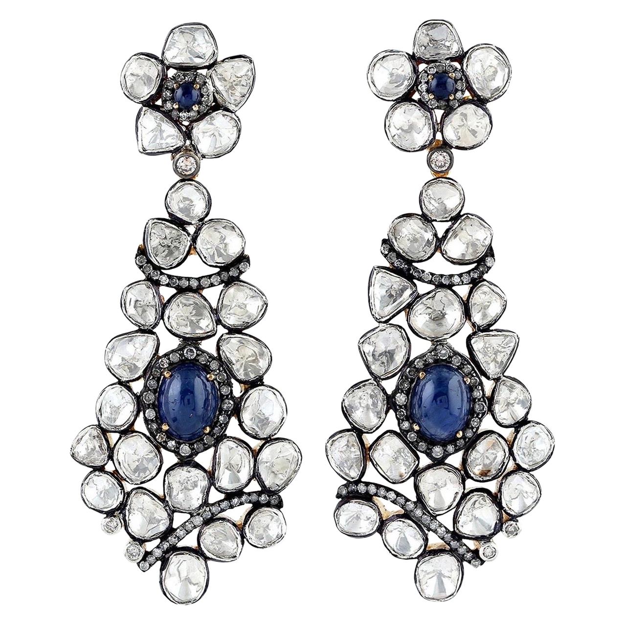 4.6 carats Blue Sapphire Diamond Antique Style Earrings For Sale