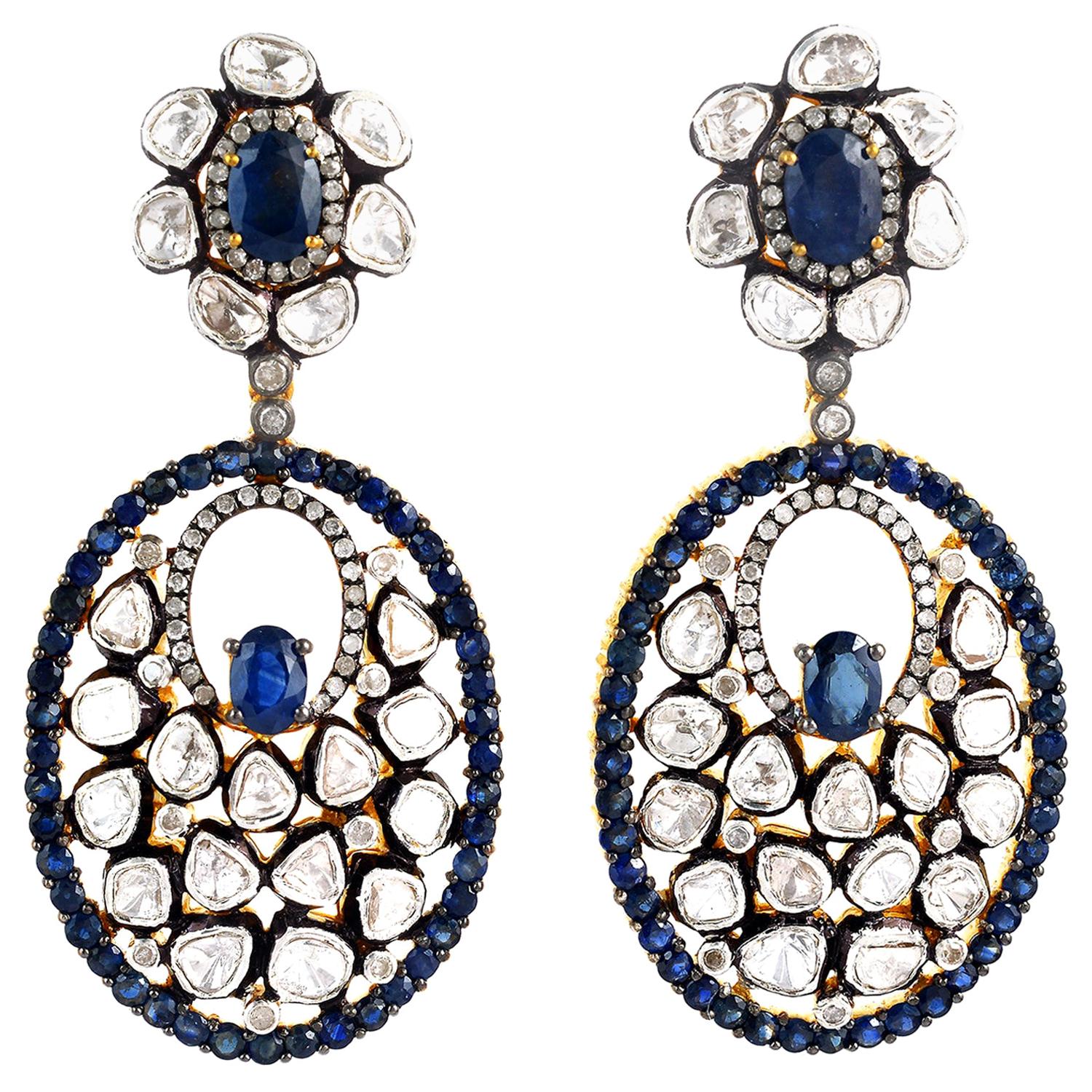 Antique Style Blue Sapphire Rose Cut Diamond Earrings