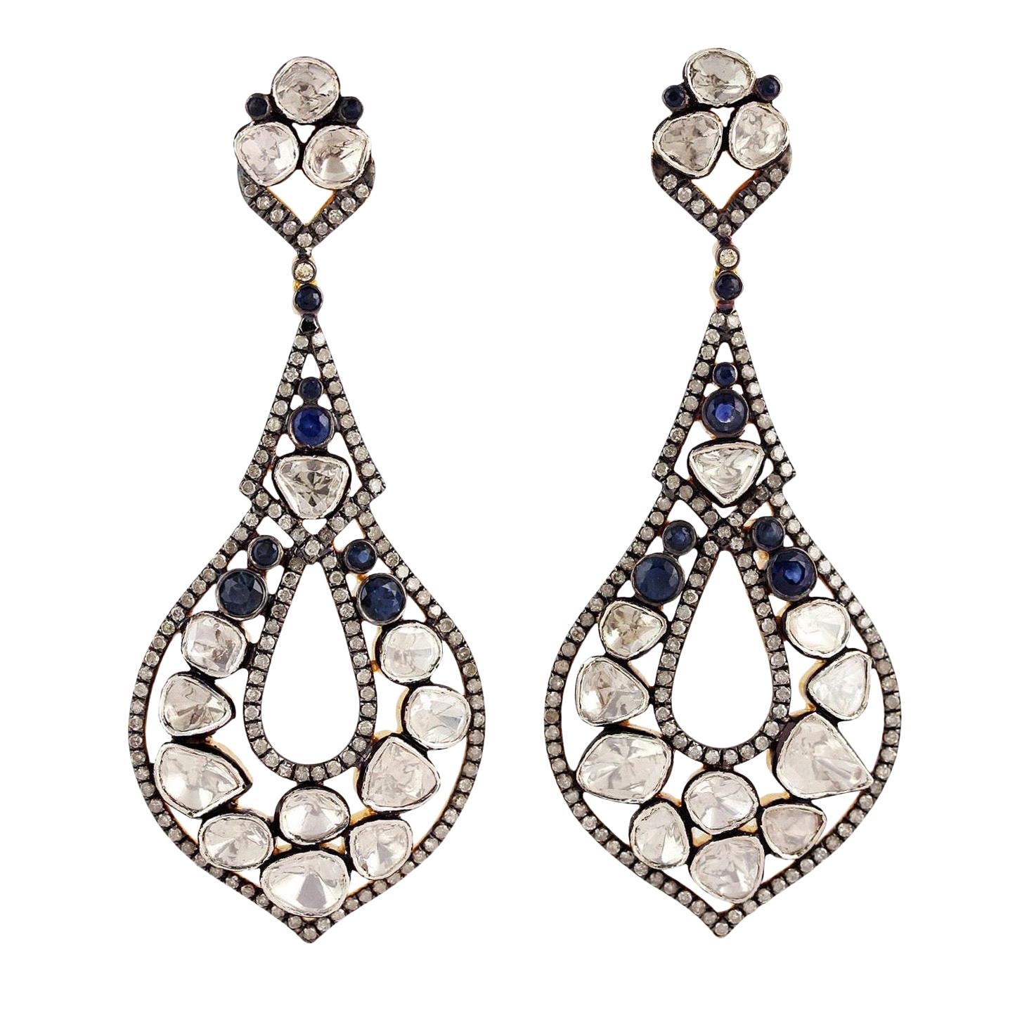Pendientes de diamantes talla rosa con zafiro azul estilo antiguo
