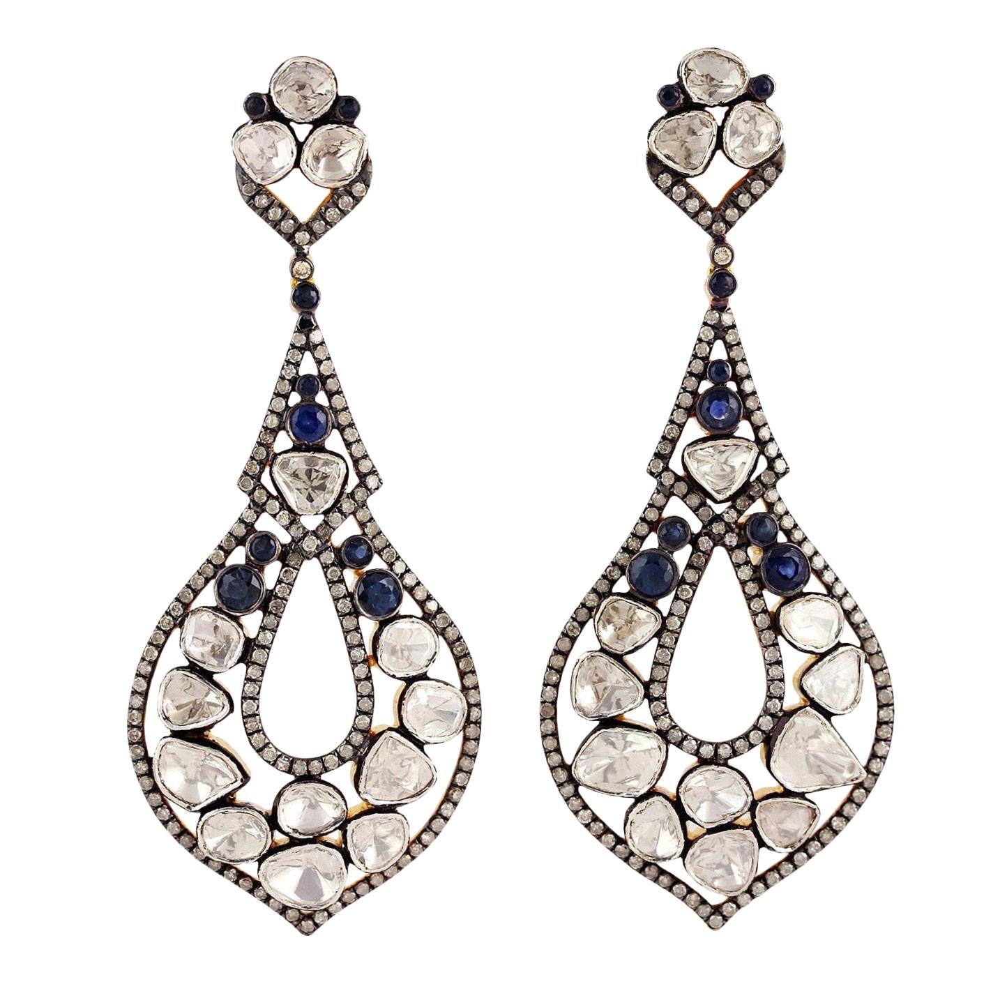 Antique Style Blue Sapphire Rose Cut Diamond Earrings For Sale