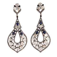 Antique Style Blue Sapphire Rose Cut Diamond Earrings