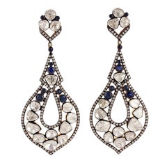 Boucles d'oreilles de style ancien en saphirs bleus et diamants taille rose