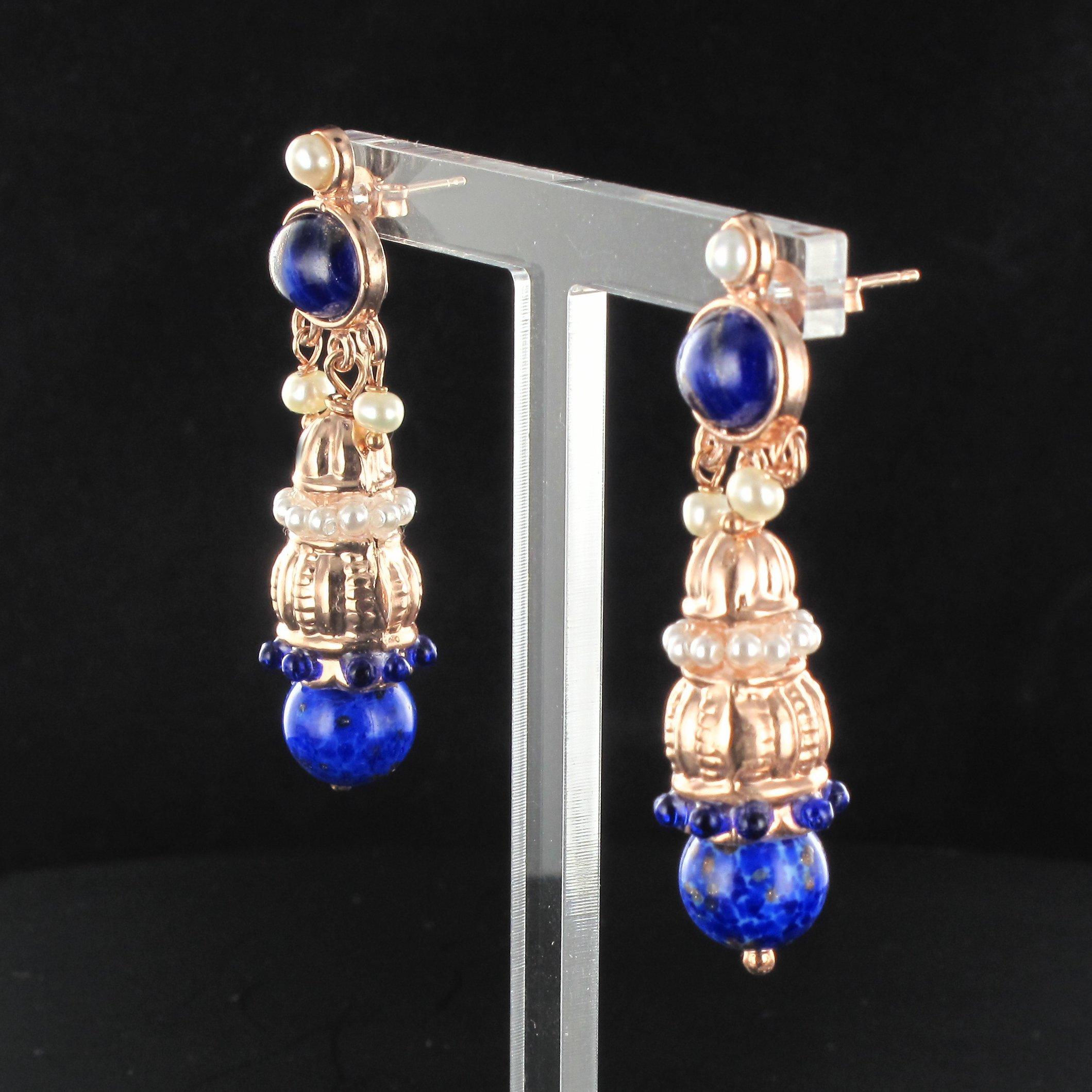 Baroque Antique Style Blue Stone Pearl Pendant Earrings